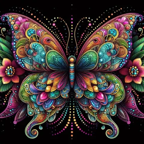 Zentangle Filigree Butterfly With Neon Diamond Dots