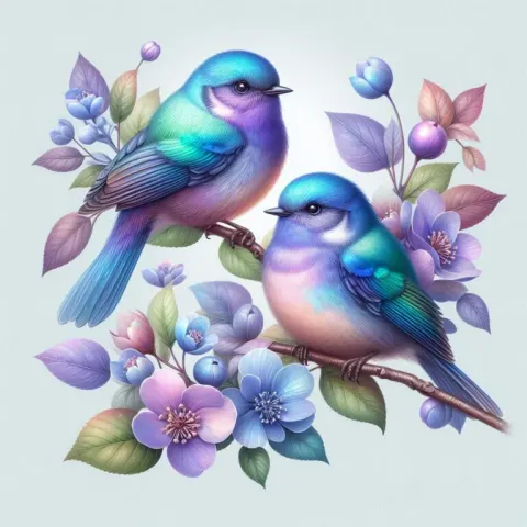 Small Birds on Flowering Limb in Lavender Iridescence