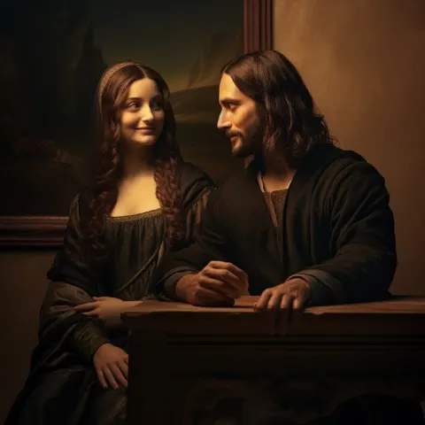 Mona Lisa and Leonardo da Vinci Sharing Happy Moment
