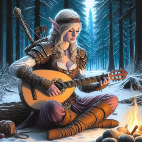 Elf Girl Playing Lute by Fire in Snowy Forest
