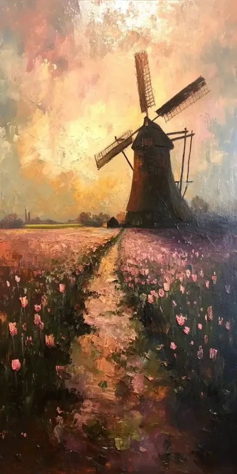 Vintage Windmill Sunset Tulips