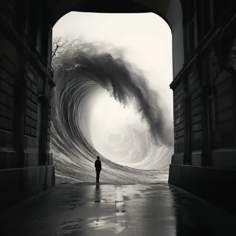 Man Facing Giant Tidal Wave in Empty Paris Streets