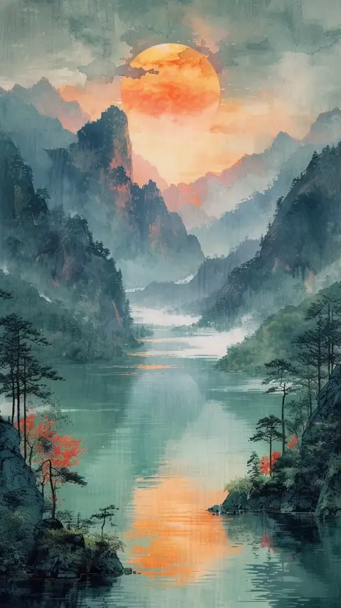 Ink Wash Sunset Mountains