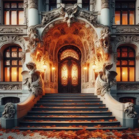 Ornate Art Nouveau House With Autumn Leaves