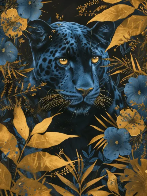 Golden Panther Amid Blue Flowers