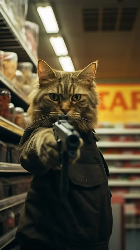 Cat Aiming Gun at Camera in Supermarket DSLR Photo