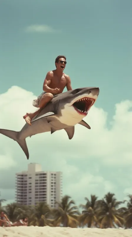 Man Riding Flying Shark Over 1990s Miami Beach