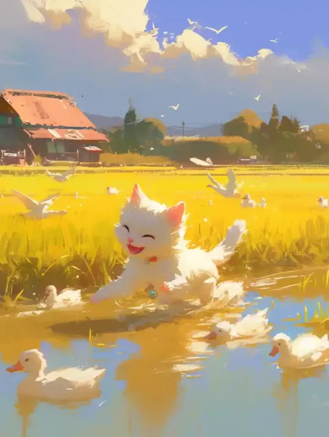 Impressionist Kitten Chasing Ducks