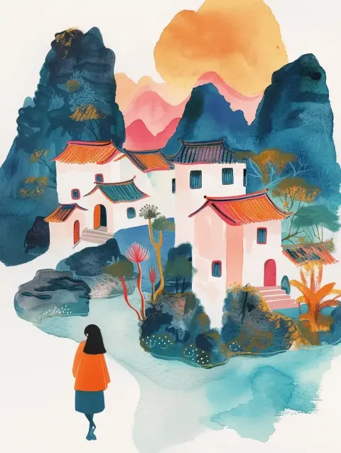 Whimsical Watercolor Chinese Landscape