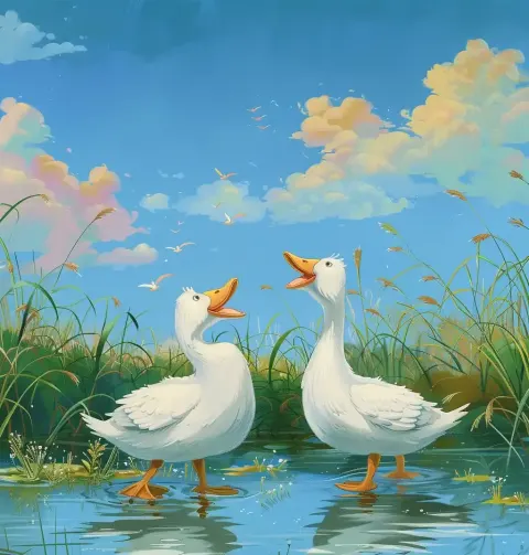 Colorful Ducks by Grass