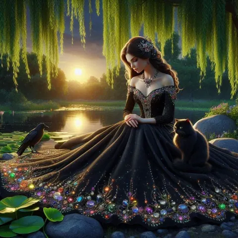 Sad Princess in Crystal Black Dress by Pond at Sunset