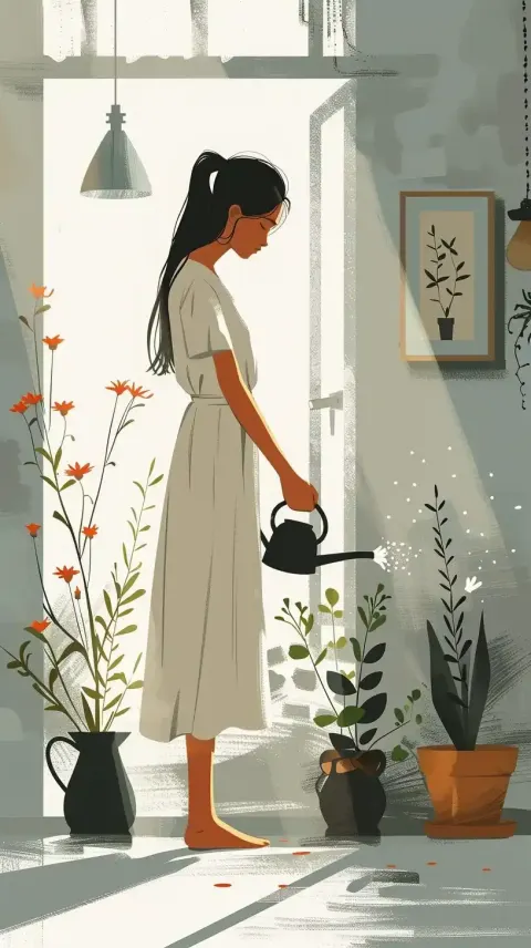 Flat Woman Watering Flower