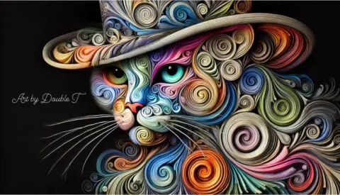 Surreal Female Cat with Swirling Colorful Patterned Face