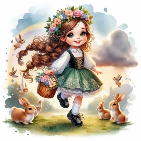 Smiling Irish Toddler with Flower Basket and Park Bunnies