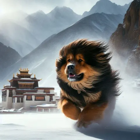 Tibetan Mastiff Running Through Snow by Mountain Monastery