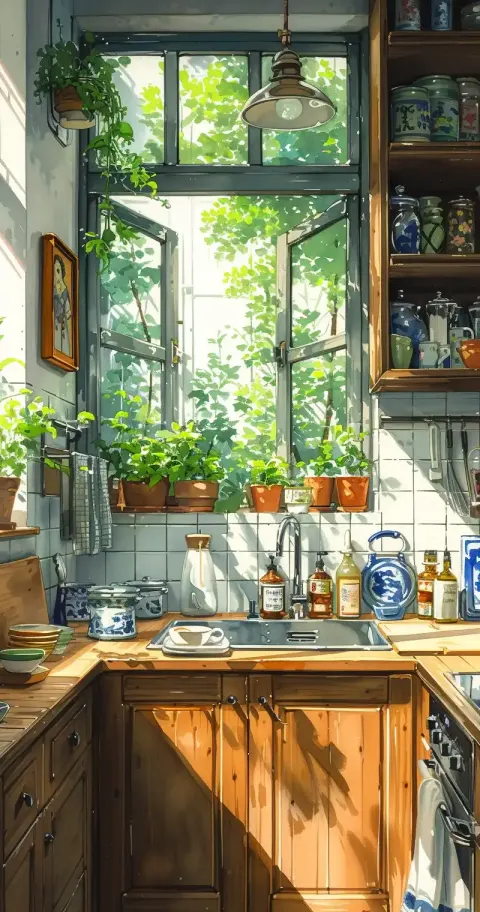 White Tile Kitchen Watercolor