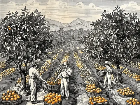 Woodcut Orange Grove Harvest