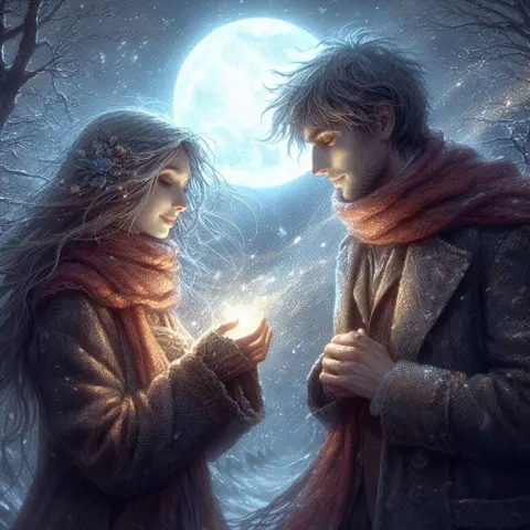 Two Souls Meeting Under Silver Moonlight Romantic Scene