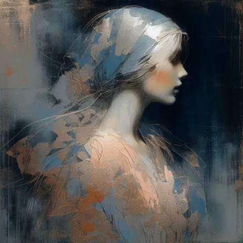 Gestural Silver and Gold Ink Sketch of Woman in Profile