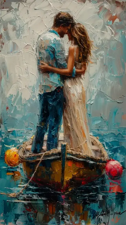 Oil Painting Couple on Boat