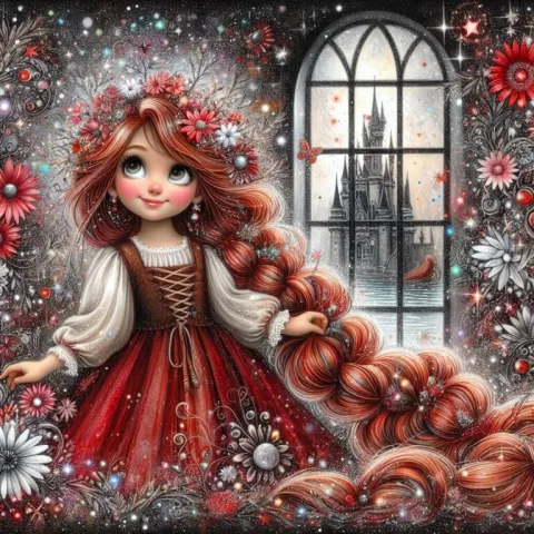 Whimsical Rapunzel Girl with Long Red Braids and Daisies