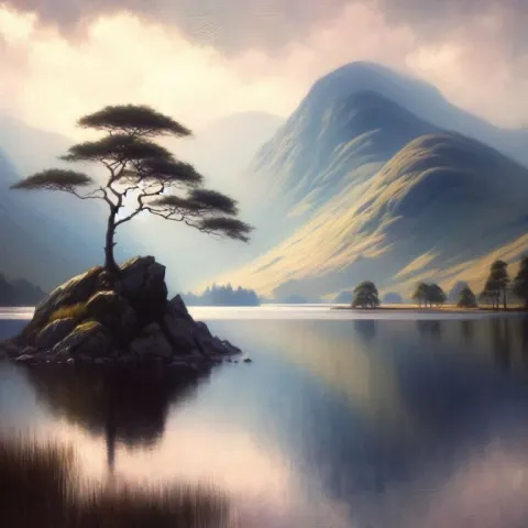 Dreamlike Oil on Foil Lake Fantasy in Soft Light