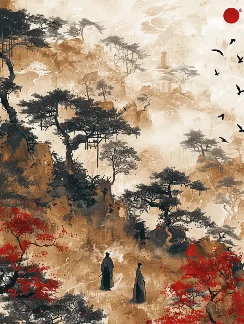 Ink Bamboo Chatting Scene