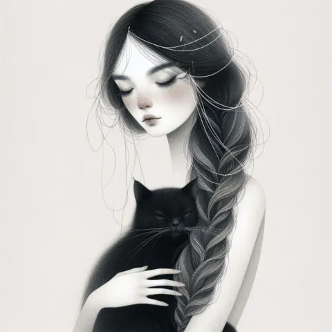 Ethereal Braided Woman Holding Black Cat Illustration