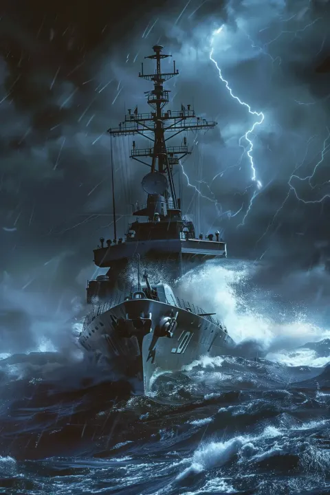 Thrilling Warship in Storm
