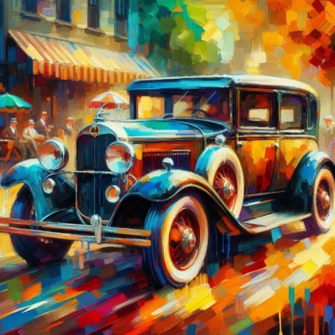 Colorful Impressionist Acrylic Painting of 1930s Car