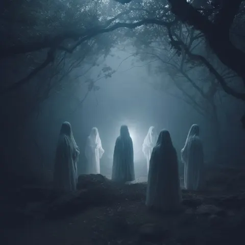 Druid Folk Band in White Robes Singing in Foggy Forest
