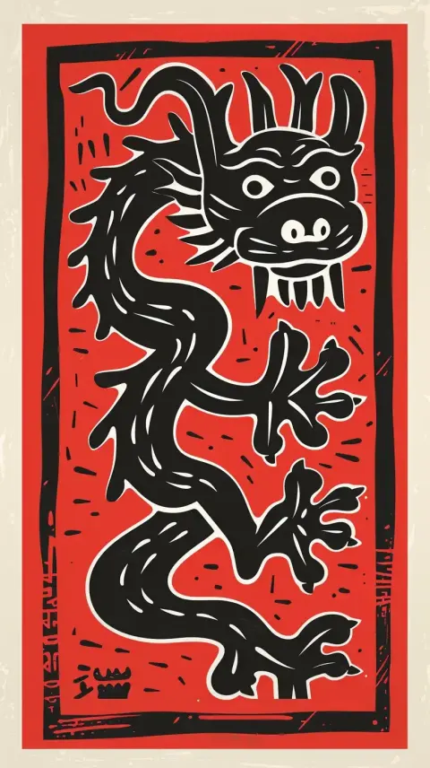 Chinese Dragon Haring Linocut