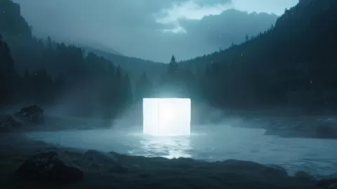 Glowing White Cube Floating over Dark Nordic Landscape