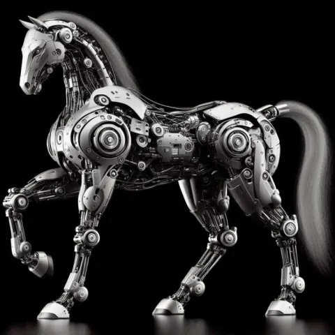 Sleek Futuristic Robot Figure Against Industrial Backdrop