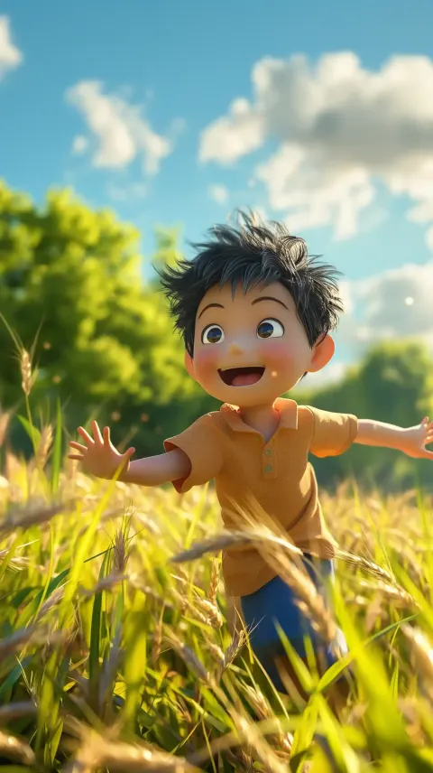 3D Asian Boy in Wheat Field