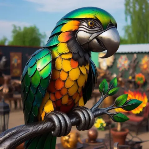 Welded Metal Sculpture of Parrot on Tree Branch