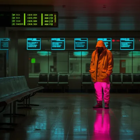 Fluorescent Man Waiting Alone in Closed Airport Terminal