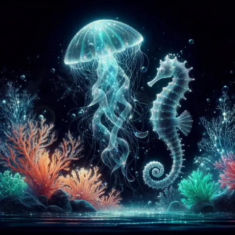 Luminous Jellyfish and Seahorse Dancing in Misty Sea