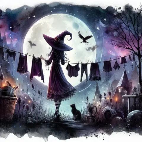 Whimsical Witch in Pajamas Hanging Laundry Watercolor