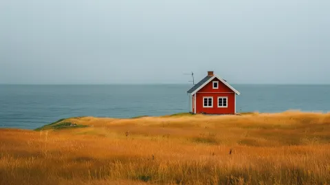 Minimal Red House by the Ocean