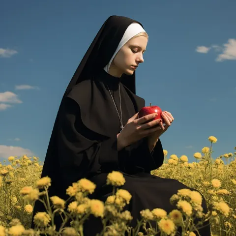 Nun in Shiny Black Eating Apple in Yellow Flower Field