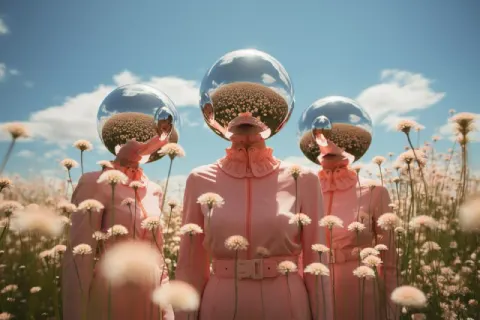 Surreal Figures with Mirrored Backs in Flower Field