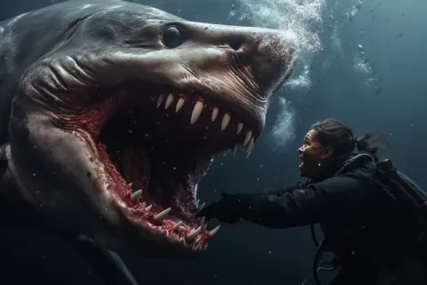 Great White Shark Attacking Diver in Dramatic Red Bubbles