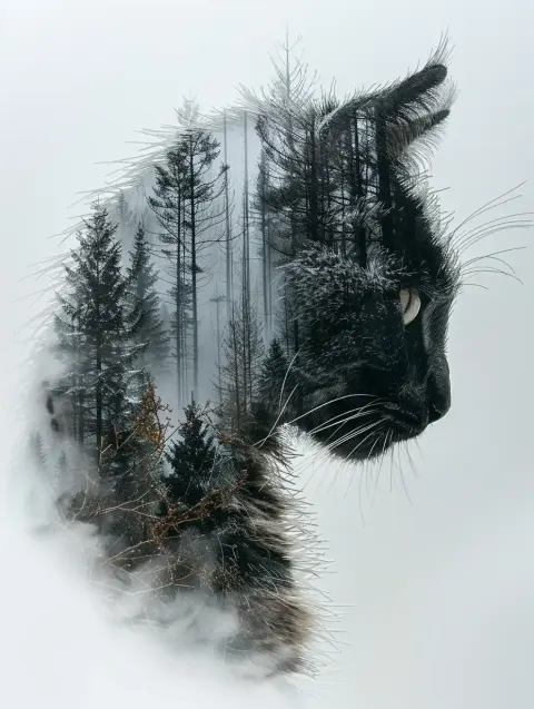 Paper Cat Forest Double Exposure
