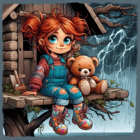 Red-Haired Girl in Overalls with Teddy Bear Comic Art