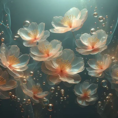 Teal Translucent Flowers with Golden Stamens and Bokeh
