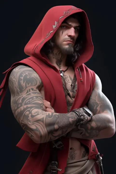 Final Fantasy Style Young Man in Red Hoodie with Tattoos