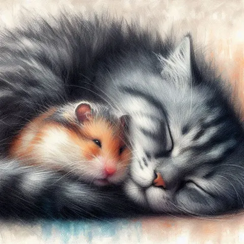 Sleeping Hamster Cuddling Smiling Cat Charcoal Sketch