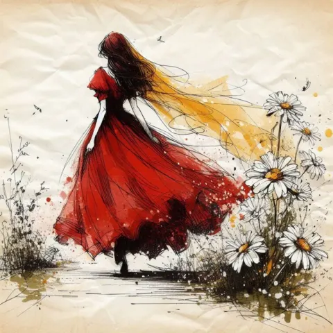 Girl in Red Dress Walking Flower Garden Ink Sketch