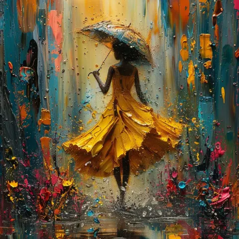African Girl in Yellow Dress Dancing in Rain with Umbrella